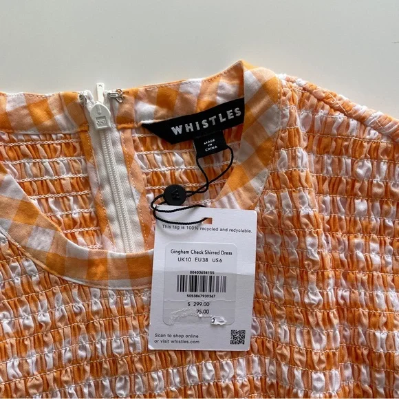 NEW Whistles Gingham Orange Check Shirred Midi Dress Size 6 Smocked - Picture 7 of 10